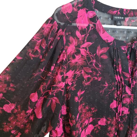 Torrid Womens 3X Black Pink Floral Sheer Chiffon Clip Dot Button-Front Blouse - Picture 5 of 9